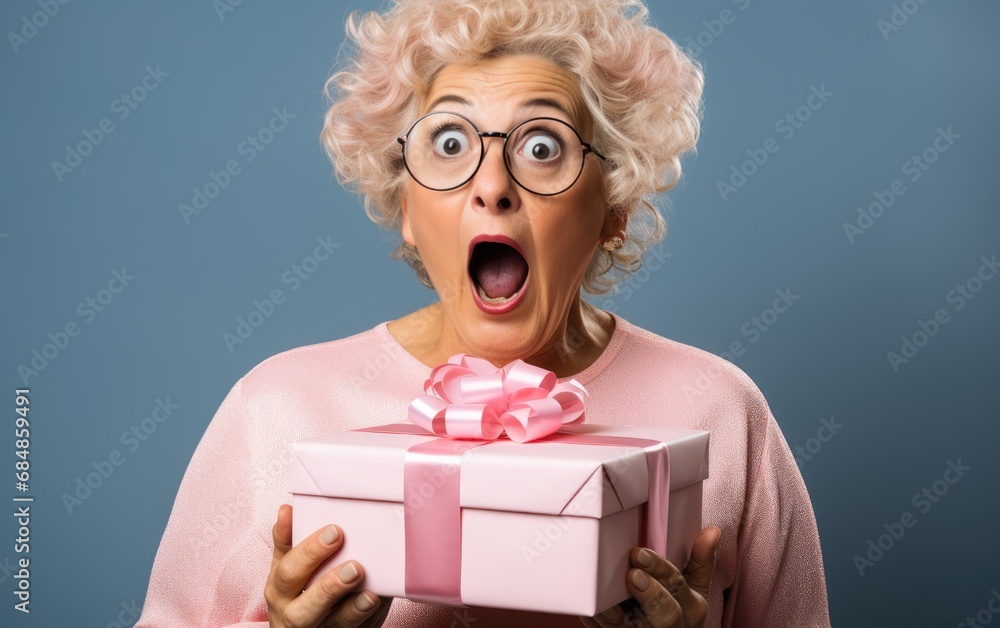 Surprised middle-aged woman holding a gift in hands Surprised middle-aged woman holding a gift in hands