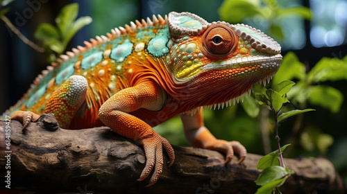 A Close-Up of a multicolored Chameleon  on a Tree Branch © Jean Isard