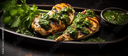 Grilled homemade chicken with chimichurri sauce, ready to eat.