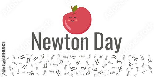 Happy Newtons day festive background with apple. Cute cartoon apple. Formulas arranged randomly. Funny vector illustration.