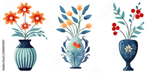 set of illustrations of flower vase elements