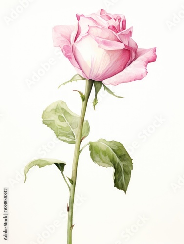 Delicate Watercolor Rose Bud Casting a Gentle Shadow on White Background AI Generated
