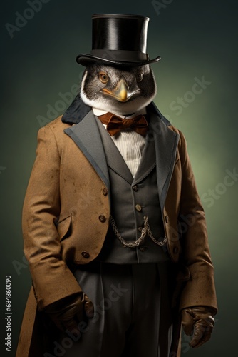 Portrait of a penguin in a suit and a cylinder hat