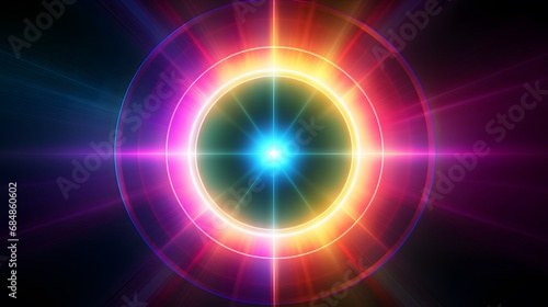 Flare background. Sunlight ray flash effect on black. Star spot or sun shine glow light on lens. Gleams rounded and hexagonal shapes, rainbow halo.