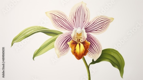 Watercolor Painting of Paphiopedilum Rothschildianum on White Canvas AI Generated photo