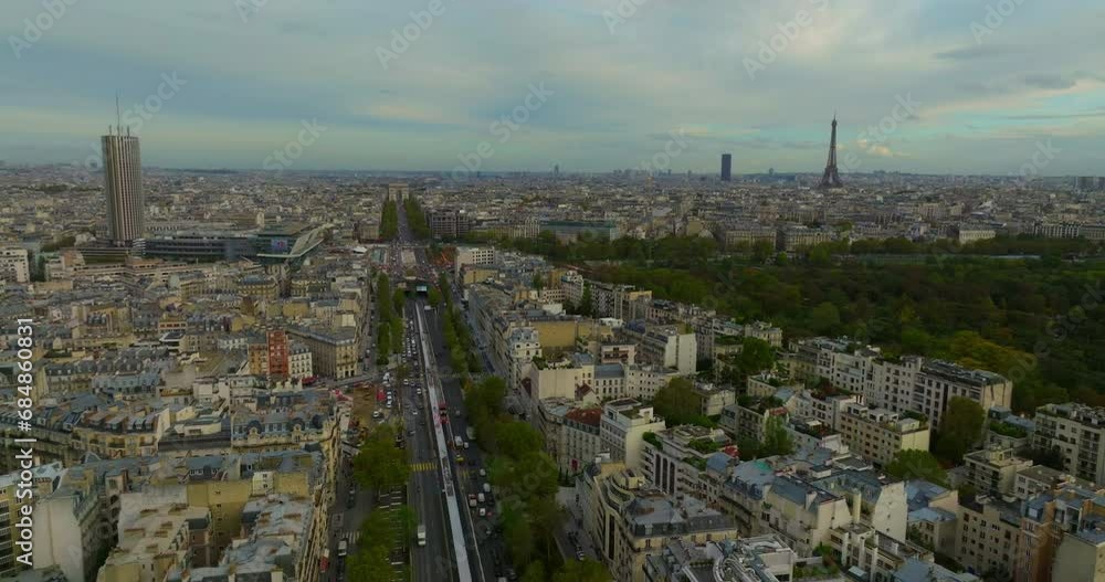 France, Paris, wide drone aerial view flying above buildings roofs France, Paris, wide drone aerial view flying above buildings roofs