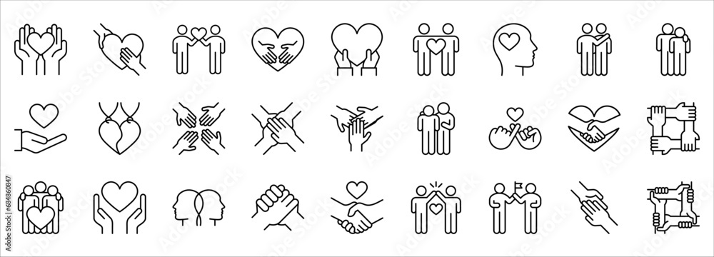 Friendship and love line icons set. care and charity concept editable stroke outline icons set, vector illustration on white background - obrazy, fototapety, plakaty 