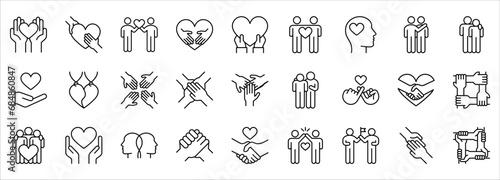 Friendship and love line icons set. care and charity concept editable stroke outline icons set, vector illustration on white background