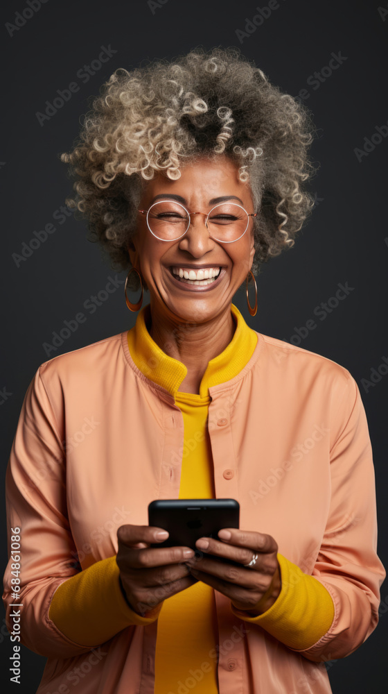 Senior african woman, portrait and phone for social media app, internet and website on color background mockup. Face, smile and happy pensioner with mobile technology for influencer blog post in hous Senior african woman, portrait and phone for social media app, internet and website on color background mockup. Face, smile and happy pensioner with mobile technology for influencer blog post in hous