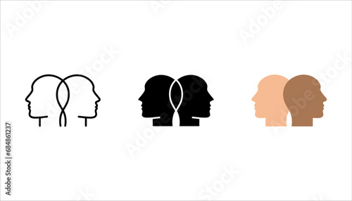 Two human heads flat line icon set, vector logo for mental health, vector illustration on white background