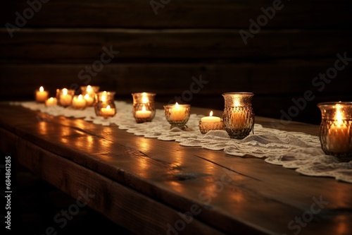 A rustic wooden table with a lace runner  lit by an array of small  flickering candles