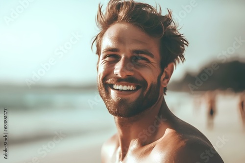 浜辺に立つ笑顔の白人男性