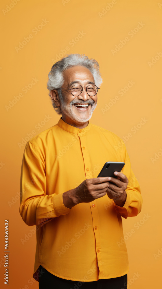 Senior asian man, portrait and phone for social media app, internet and website on color background mockup. Face, smile and happy pensioner with mobile technology for influencer blog post in house wi Senior asian man, portrait and phone for social media app, internet and website on color background mockup. Face, smile and happy pensioner with mobile technology for influencer blog post in house wi