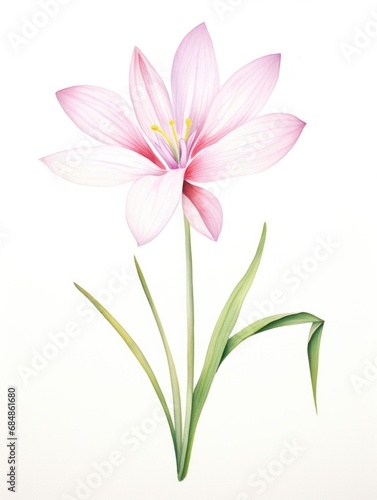 Watercolor Portrayal of Zephyranthes Minuta Flower on White Canvas AI Generated © Alex