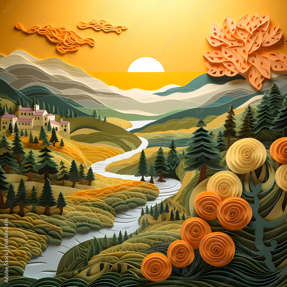 Stunning Valley Landscape: AI-Generated Embossed Papercut Poster Collage. Generative AI.