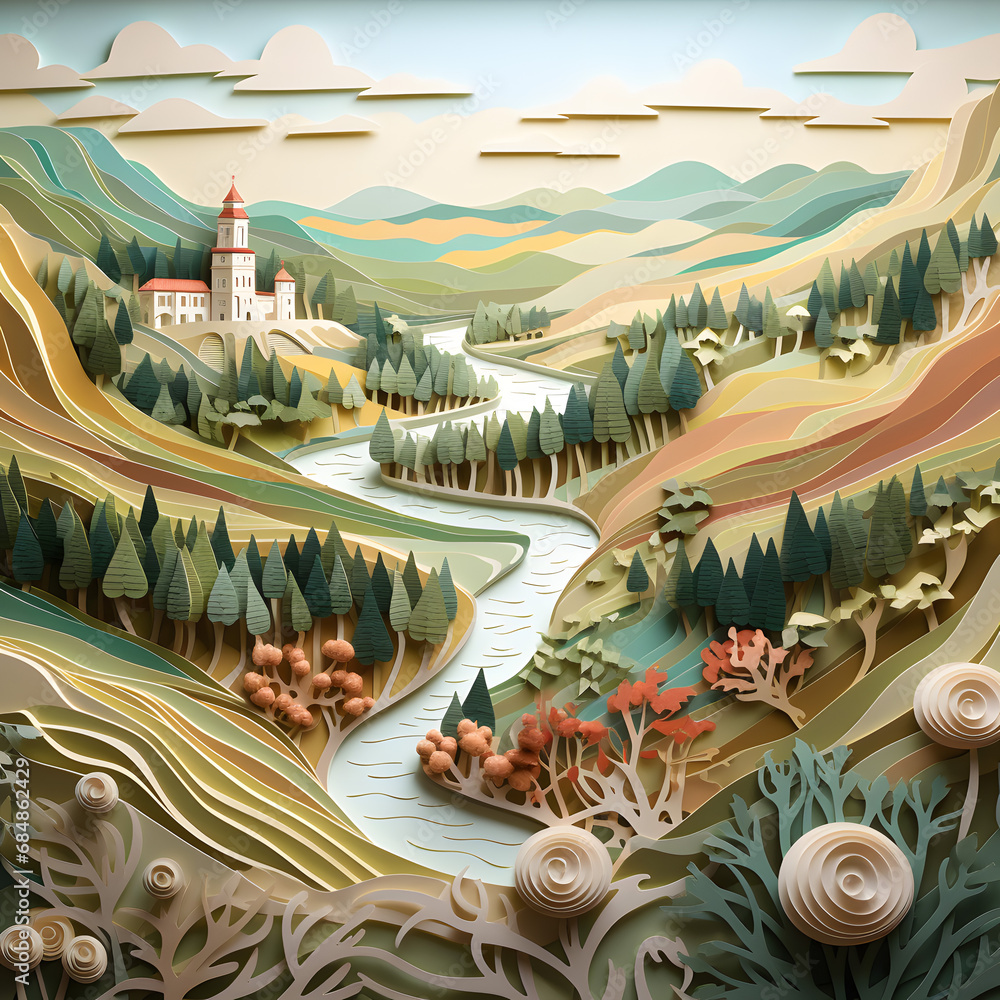Stunning Valley Landscape: AI-Generated Embossed Papercut Poster Collage. Generative AI.