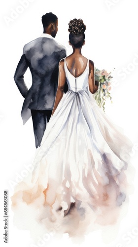 Watercolor Just Married Black Couple Walking Together View from Behind on White Background AI Generated
