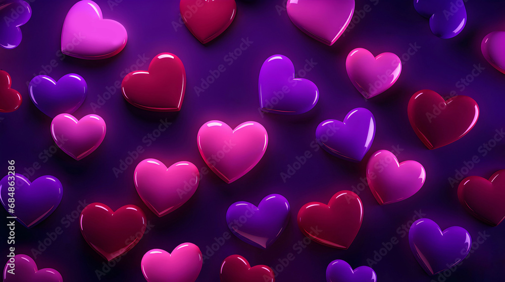 A beautiful background of glossy, light-illuminated pink and purple hearts. Happy Valentine's Day concept. Romantic Background