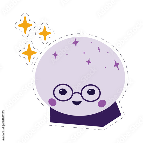 Magic crystal ball. Cute character in glasses with decorative elements. Sticker with dotted line