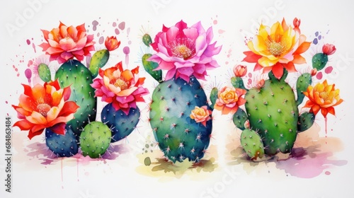 Set of Three Abstract Watercolor Cactus with Flowers AI Generated