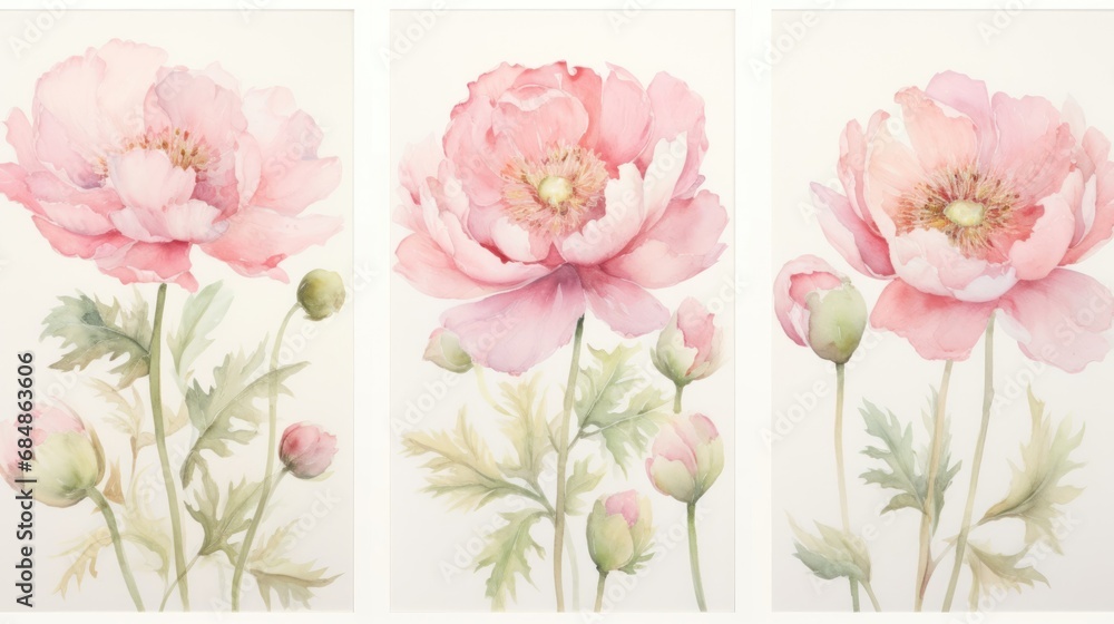 Set of Three Watercolor Peony Field Blooms AI Generated
