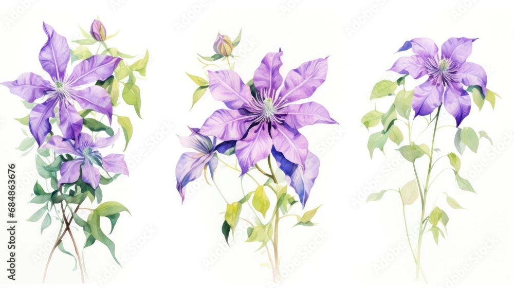 Set of Three Watercolor Clematis Vine Flowers AI Generated