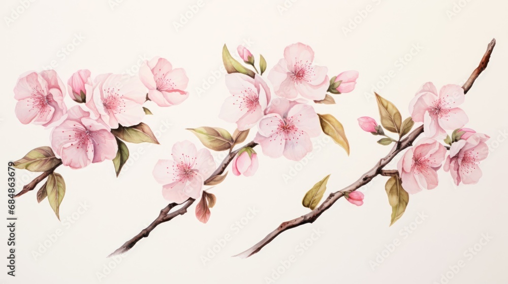 Set of Three Watercolor Cherry Blossom Branches AI Generated