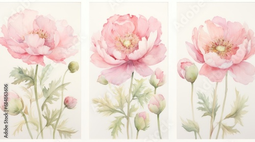Set of Three Watercolor Peony Field Blooms AI Generated © Alex