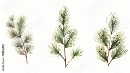 Set of Three Watercolor Minimalist Pine Branches AI Generated