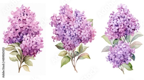 Set of Three Watercolor Lilac Bush Blooms AI Generated