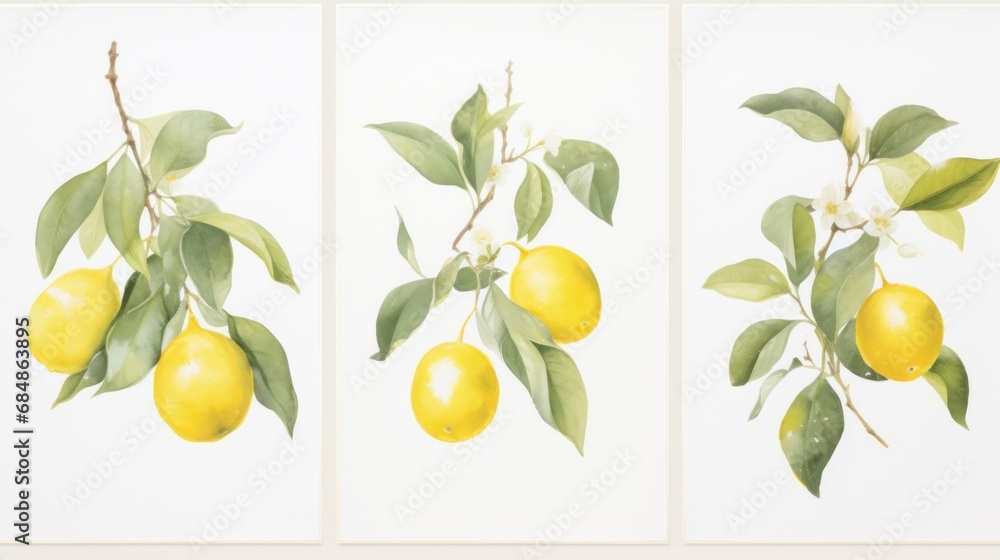 Set of Three Minimalist Watercolor Lemon Tree Branches AI Generated