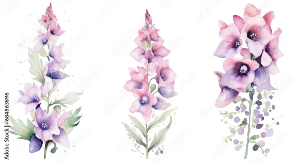 Set of Three Mystical Watercolor Foxglove Flowers AI Generated
