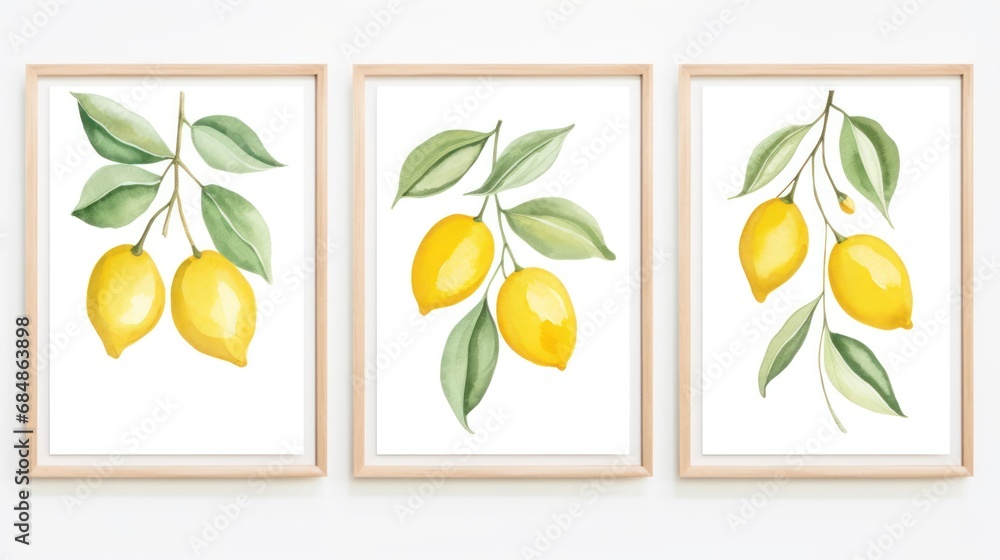 Fototapeta premium Set of Three Minimalist Watercolor Lemon Tree Branches AI Generated