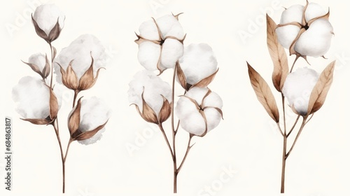 Set of Three Rustic Watercolor Cotton Plant Bolls AI Generated