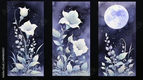 Set of Three Mystical Watercolor Moonflower Blossoms AI Generated photo