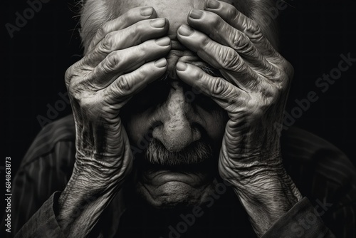 Elderly Man Crying, Senior Mental Health Illustrated in Black and White Portrait