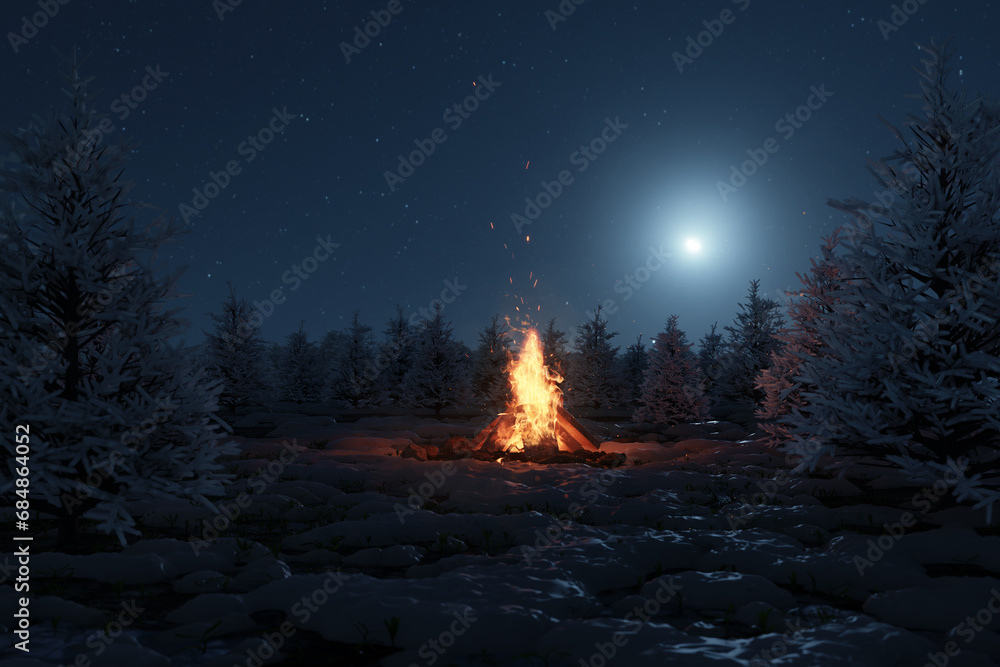 3d rendering of big bonfire with sparks and particles in front of snowy pine trees and moonlight sky. Image produced without the use of any form of AI software