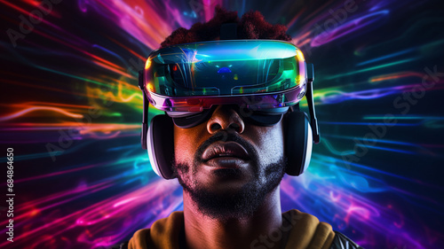 semi real frontal close up face shot of a kool funky guy with a vr headset © Studio One