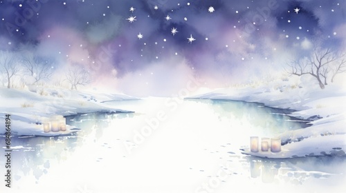 Elegant Watercolor Christmas Lights Reflecting on a Frozen Pond in a Snowy Landscape AI Generated