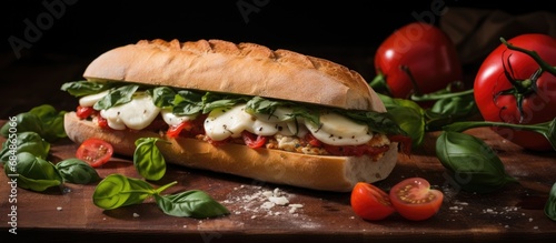 Italian sandwich with mozzarella, basil, and tomatoes.