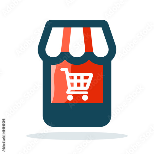 Flat design icon of a shopfront with a striped awning. Storefront or small business. Vector illustration