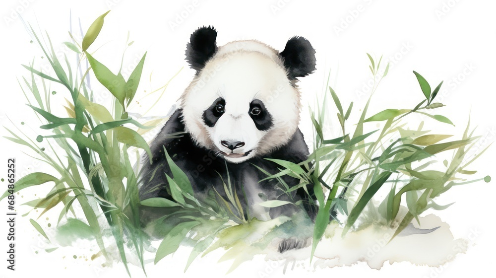 Fototapeta premium Serene Watercolor Panda Munching Bamboo Leaves AI Generated