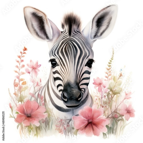 Softspoken Watercolor Baby Zebra Amidst Grasslands with Wild Roses on White Background AI Generated
