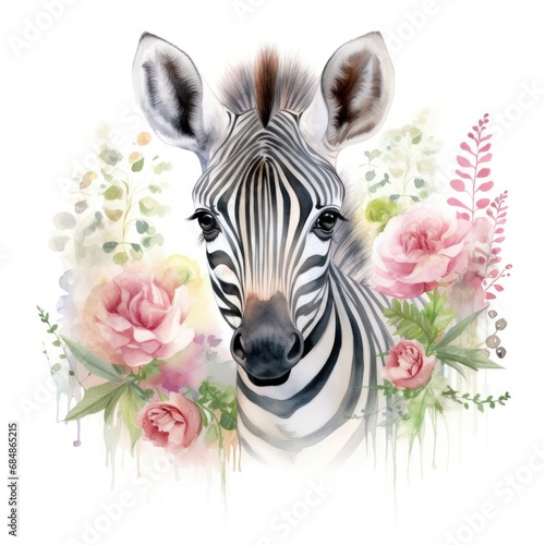 Softspoken Watercolor Baby Zebra Amidst Grasslands with Wild Roses on White Background AI Generated photo