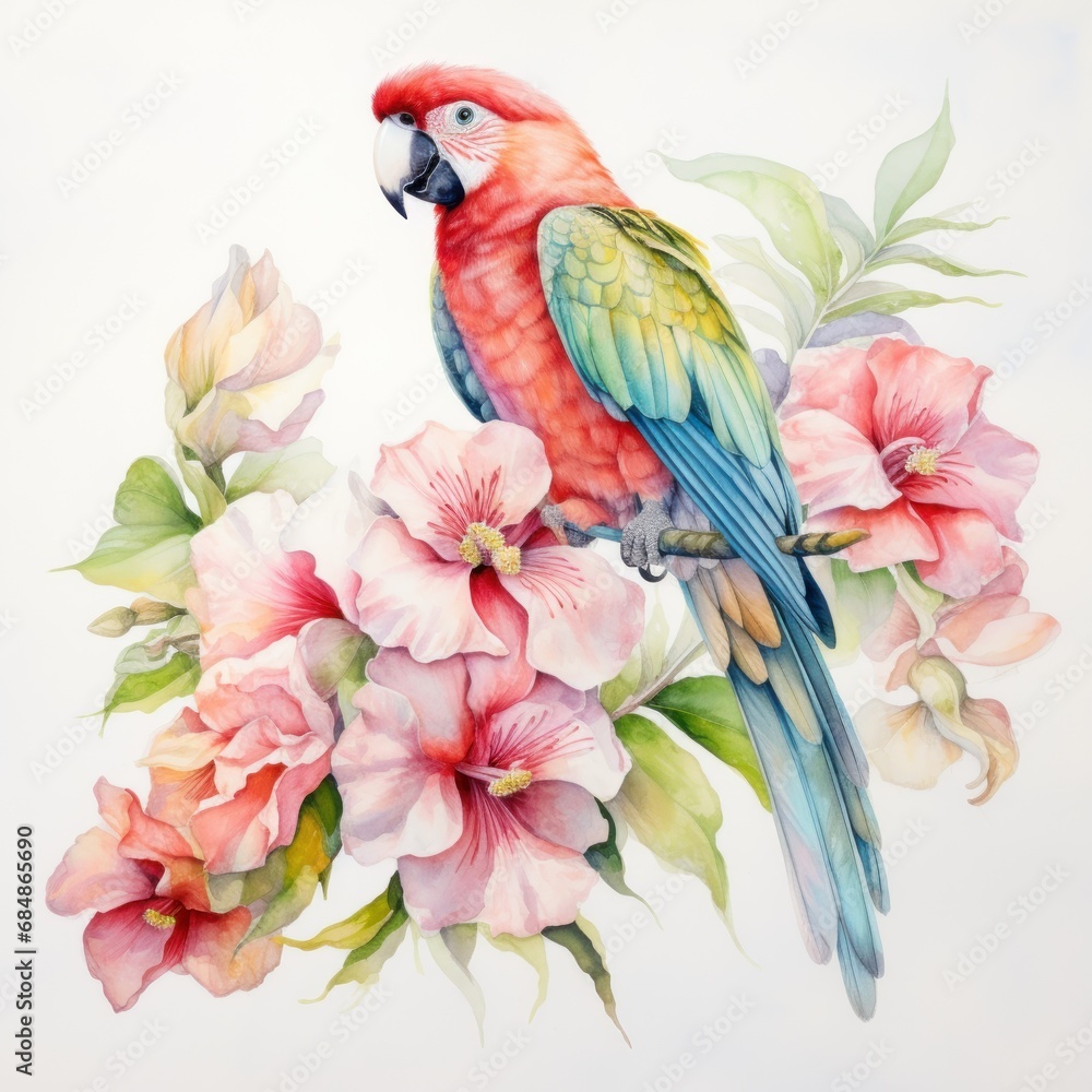 Endearing Watercolor Baby Parrot Perched Amongst Tropical Hibiscus Blooms AI Generated