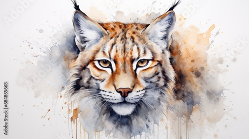 Expressive Watercolor Lynx with Ears and Tufted Eyes on a Sharp White Background AI Generated
