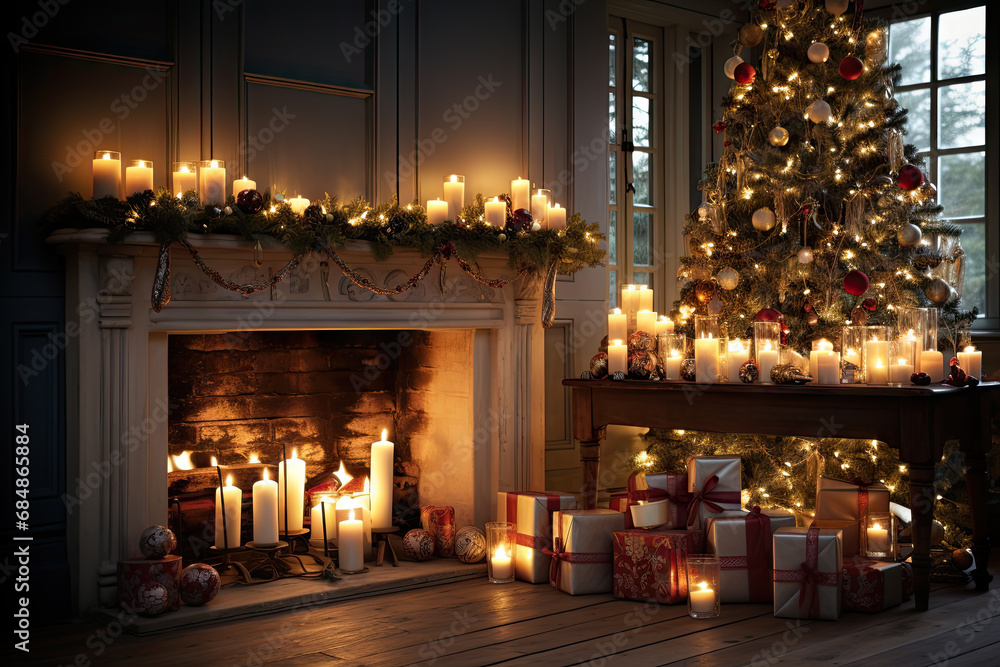 A living room with a christmas tree and lit candles
