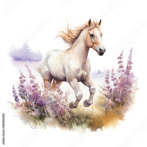 Dreamy Watercolor Foal Running Through Blooming Heather Fields AI Generated