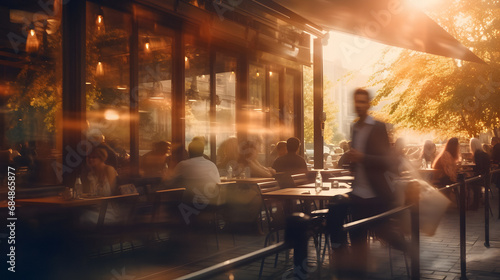 Blurred restaurant, coffee shop blurred, cafe interior, chefs working, interior blur background. © elina
