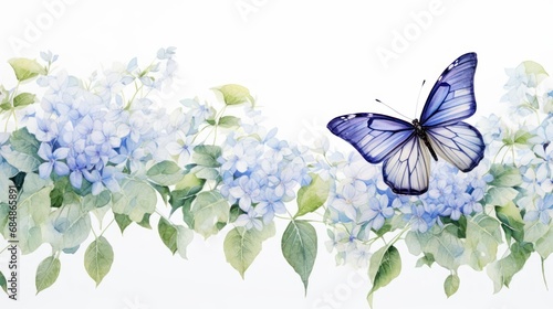 Delicate Watercolor Lacewing Resting on a Leaf Amongst the Blooming Hydrangeas AI Generated photo